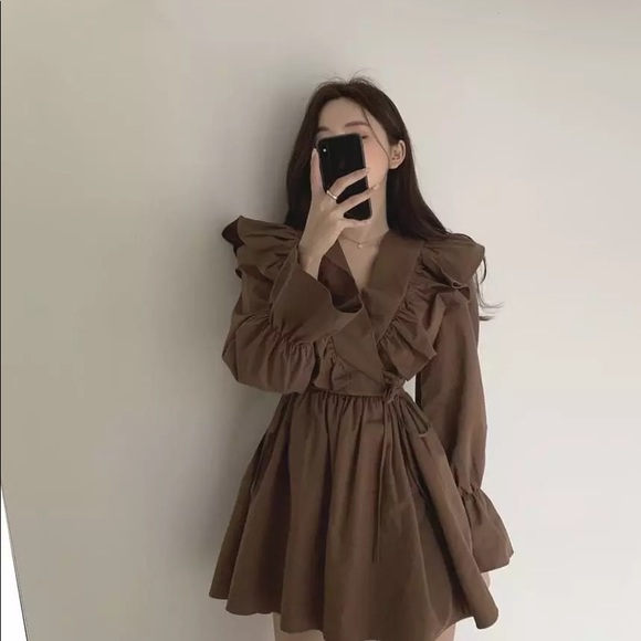 Ruffle dress butterfly mocha brown v-neck womens flare dresses - Picture 6 of 6